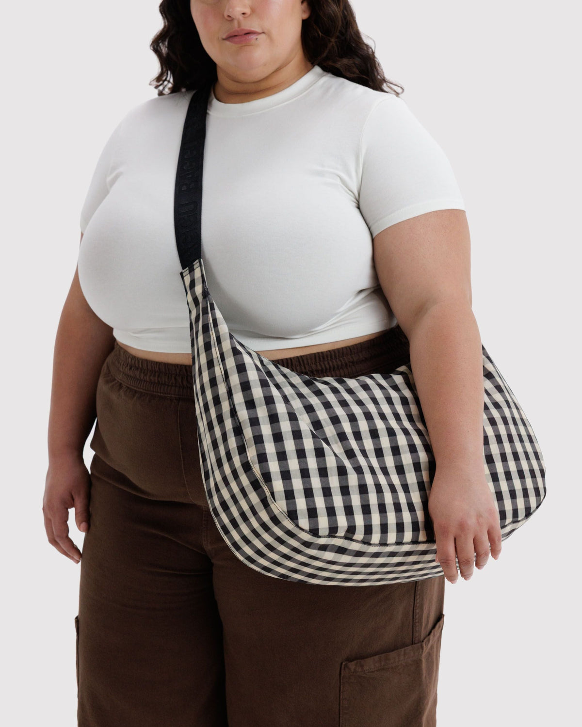 Large Nylon Crescent Bag - Black and Cream Gingham
